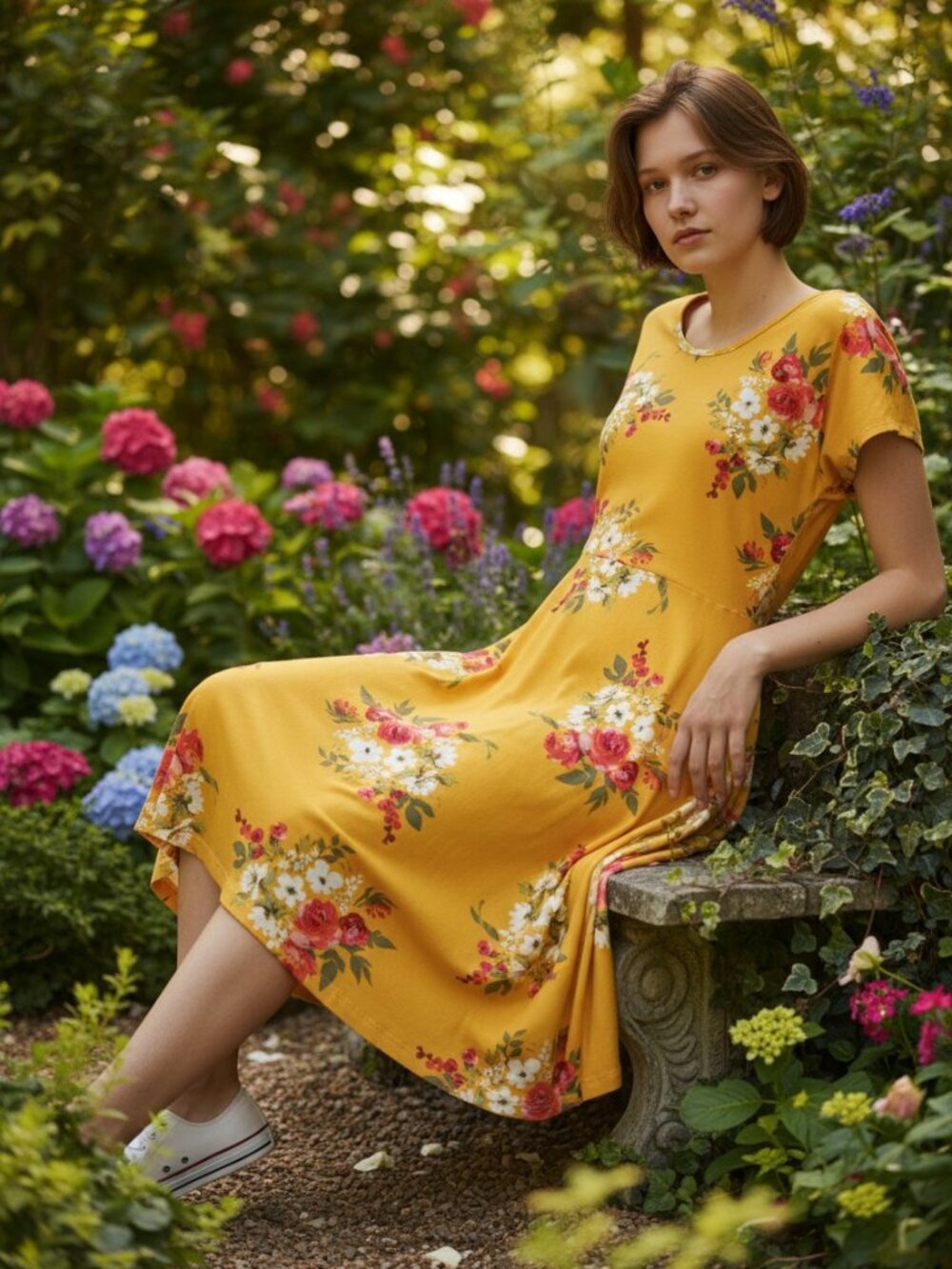 Vintage Bobbie Brooks Marigold with Red/Green/White Floral Print Dress Size L